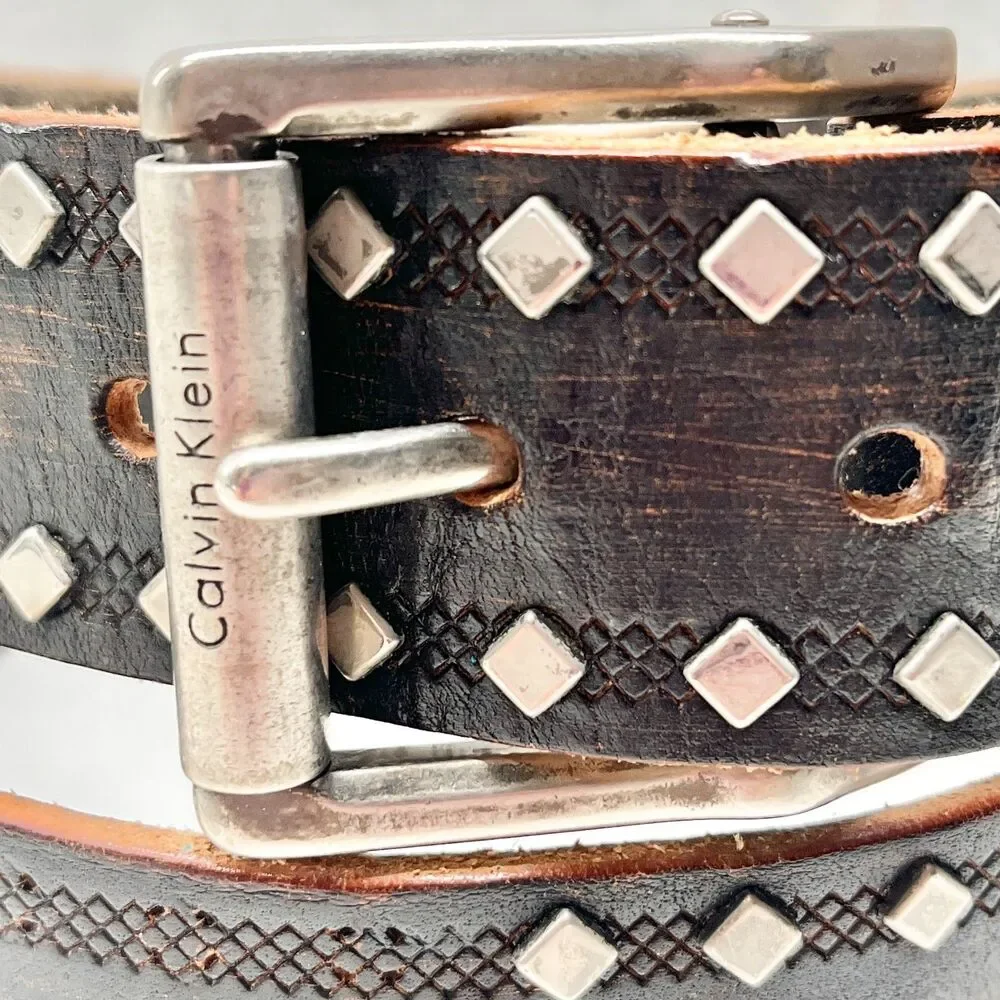 Vtg Calvin Klein Studded Brown Leather Distressed Womens Belt Size M L 34-38